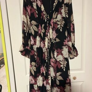 Taylor Black Long-Sleeve Floral Maxi Dress with Pink and Cream Blooms